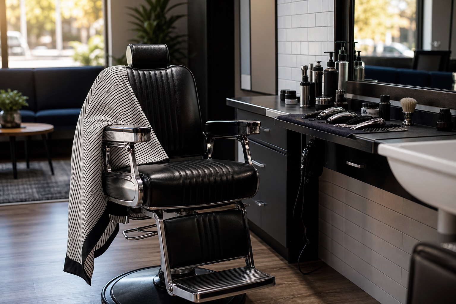 Prepared empty barber chair and tools at a modern barber station